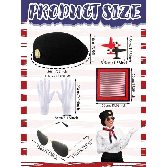 Women Flight Attendant Costume Accessories Set Hat Gloves Sunglasses Scarf Stock main image 6